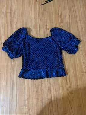 Vintage Blue Sequin Puff Sleeve Crop Top